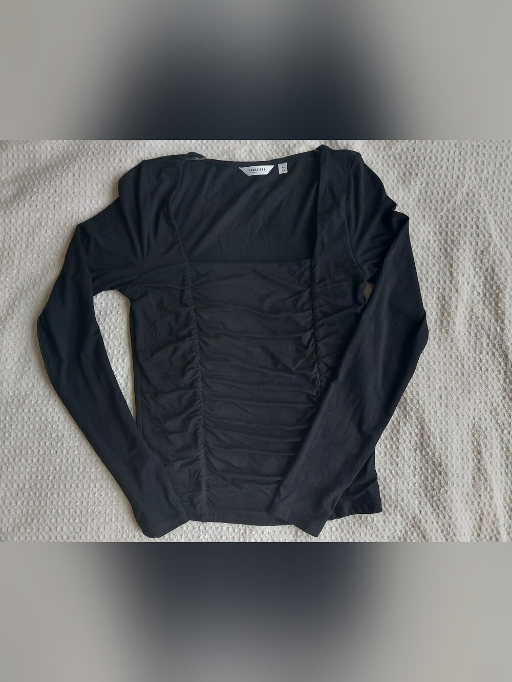 Black Ruched Square-Neck Long Sleeve Top